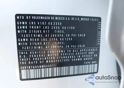 2022 Volkswagen Tiguan 2.0T S from USA, damaged, VIN 3VV1B7AX5NM045511